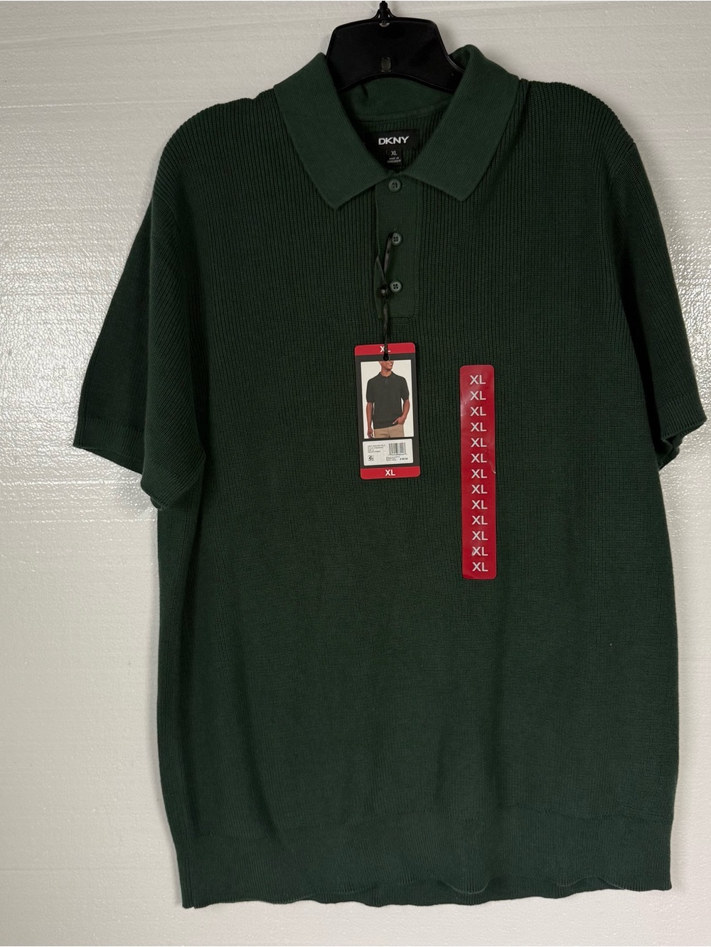 DKNY Sweater Polo Shirt Men XL Green Cotton Short Sleeve Ribbed Knit Classic